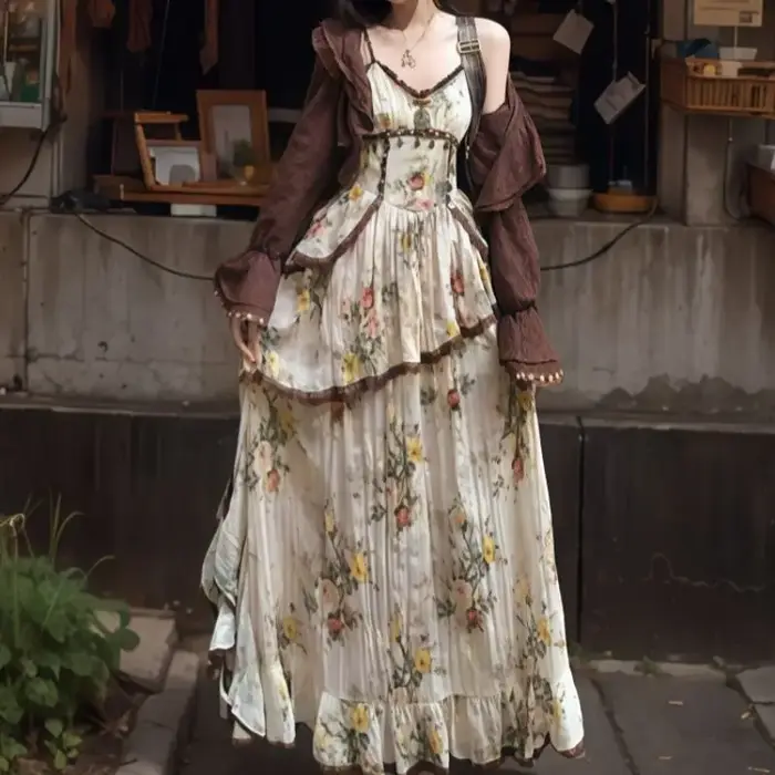Xgoth Vintage Style bohème robe florale taille minceur Camisole longue