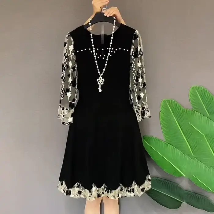 Robe mi-longue A-Line à fleurs cassées pour femmes, robes épissées, perles, col rond, ficelle de pro
