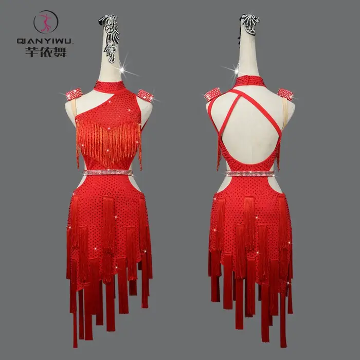 Robes de soirée rouges pour femmes, costume de danse latine élégant, compétition 2026, jupe à franges pour filles, vêtements de danse mi-longs, costume de samba pour bal fille robes soirée costume ju