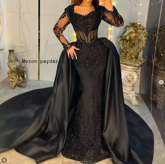 Robes de bal sirène arabes noires avec traîne détachable, appliques brillantes, baleines, manches lo
