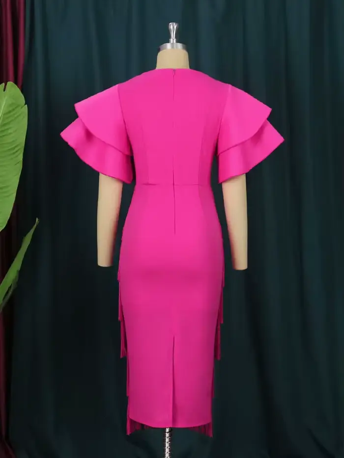 Robe de soirée mi-longue aux franges rose pour femmes, grandes tailles, élégante pour occasions spéciales