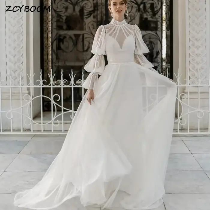 Robe de mariée élégante blanche à col montant et manches lanternes 2026, coupe A, longueur au sol, t