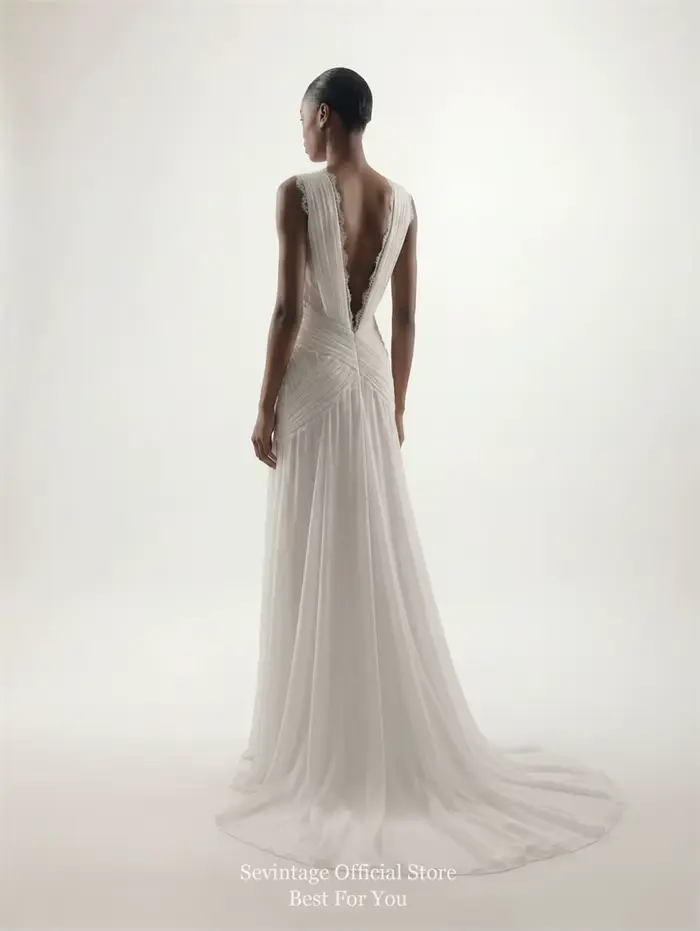 Robe de mariée bohème en mousseline Sevintage col en V sans manches dos nu plissée en dentelle coupe trapèze sur mesure pour femmes enceintes occasions spéciales