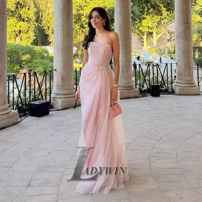 LADYWIN Robe de Soirée Asymétrique Modeste Personnalisée Rose Poudré en Tulle, Robe d'Été Femme, Ves