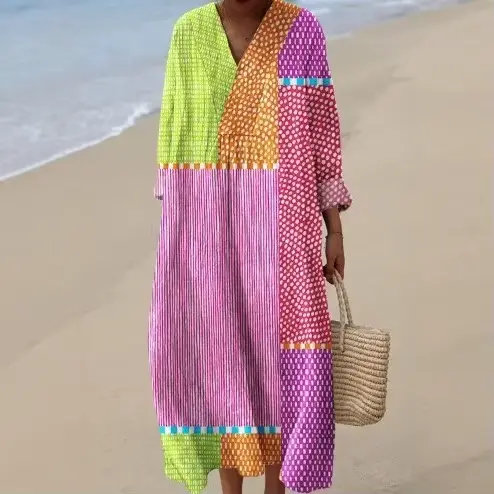 Robe ample de plage col en V imprimée color block pour femme - Style vacances tendance printemps été 2026 - Occasions spéciales et quotidienne