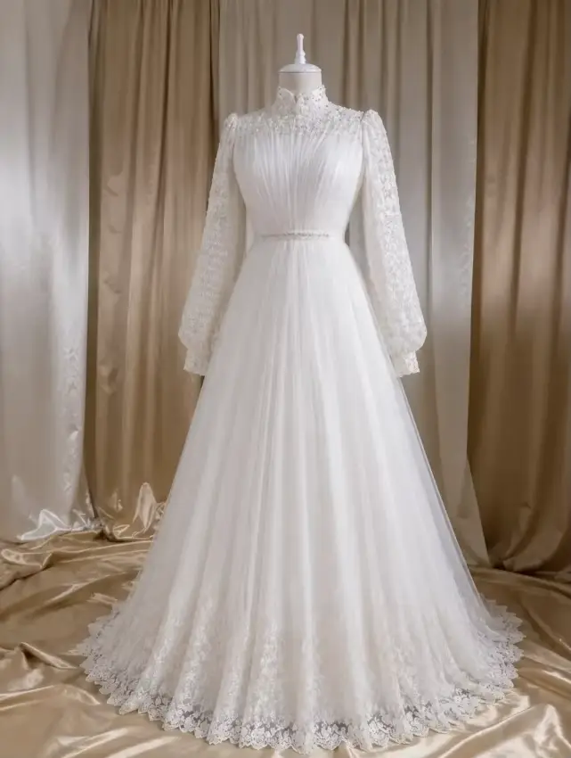 Robes de mariée musulmanes élégantes en dentelle blanche perlée, à manches longues, coupe trapèze, p