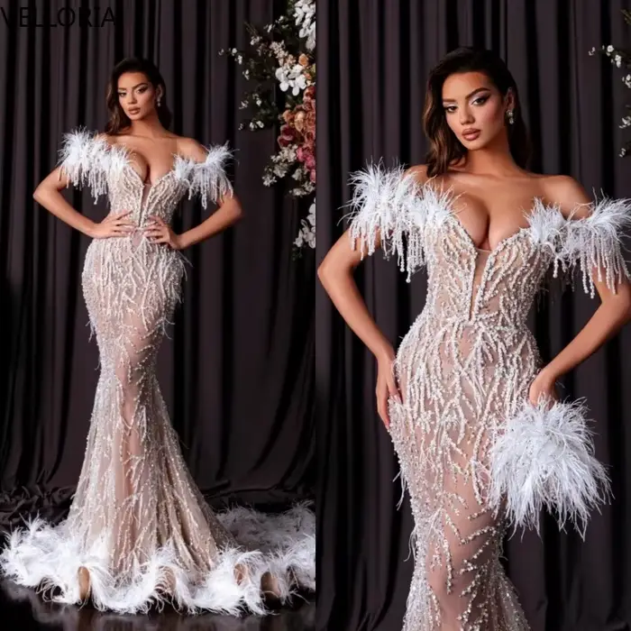 Robe de soirée élégante, épaules dénudées, plumes Sexy, paillettes, dentelle, robe de bal, longueur 