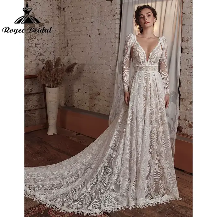 Robe de mariée bohème sexy avec poignées, manches longues amovibles, ligne A, col en V, dentelle, do