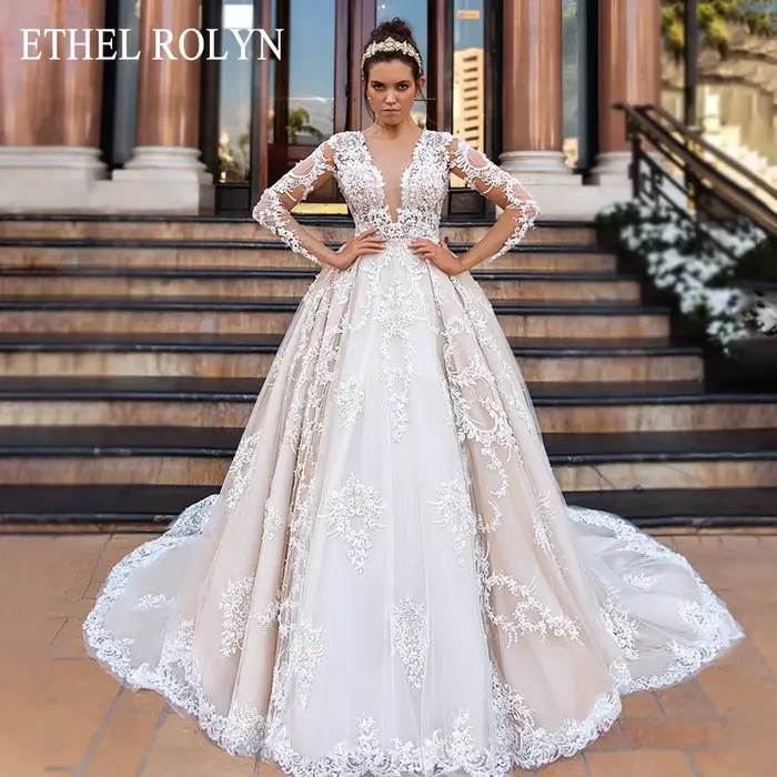 ETHEL ROLYN robes De mariée De luxe pour les femmes perlée dentelle Appliques Sexy col en v profond