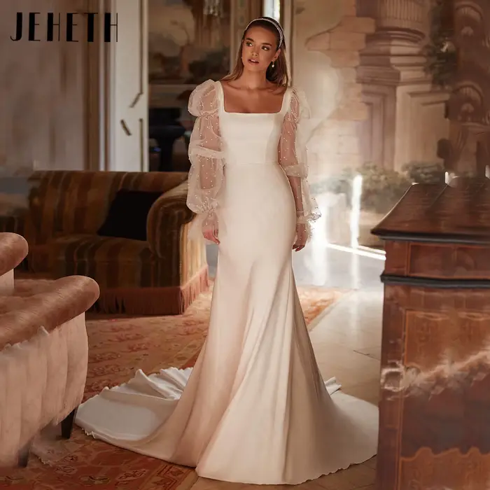 JEHETH Robe de Mariée Satin Mat Sirène Col Carré Manches Longues Bouffantes Tulle Amovibles Couvert de Perles Dos V Bas Traîne Courte Sur Mesure Shooting Villa Européenne Vintage au Coucher de Soleil