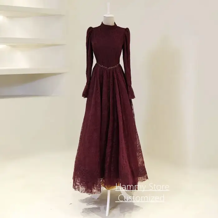 Robe de soirée en dentelle personnalisée, élégante, col montant, manches longues, coupe trapèze, sty