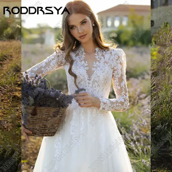Robe de mariée bohème personnalisée à col rond pour patients