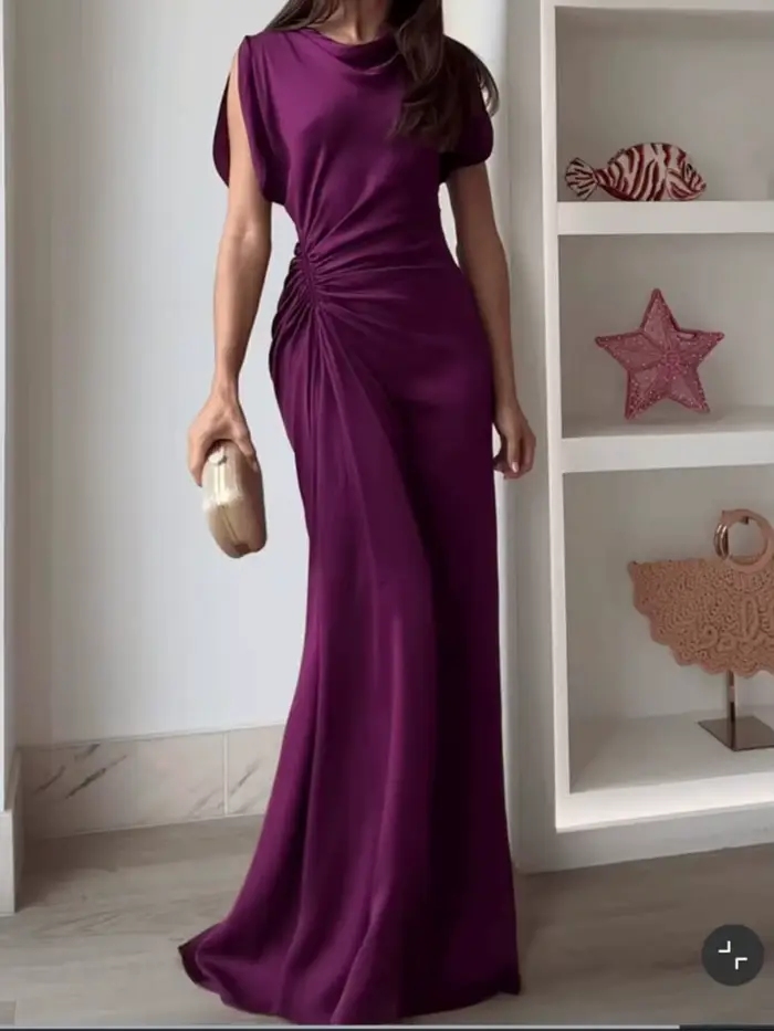 Robe de soirée drapée décontractée, col rond, élégante, taille haute, coupe cintrée, mode tempéramen