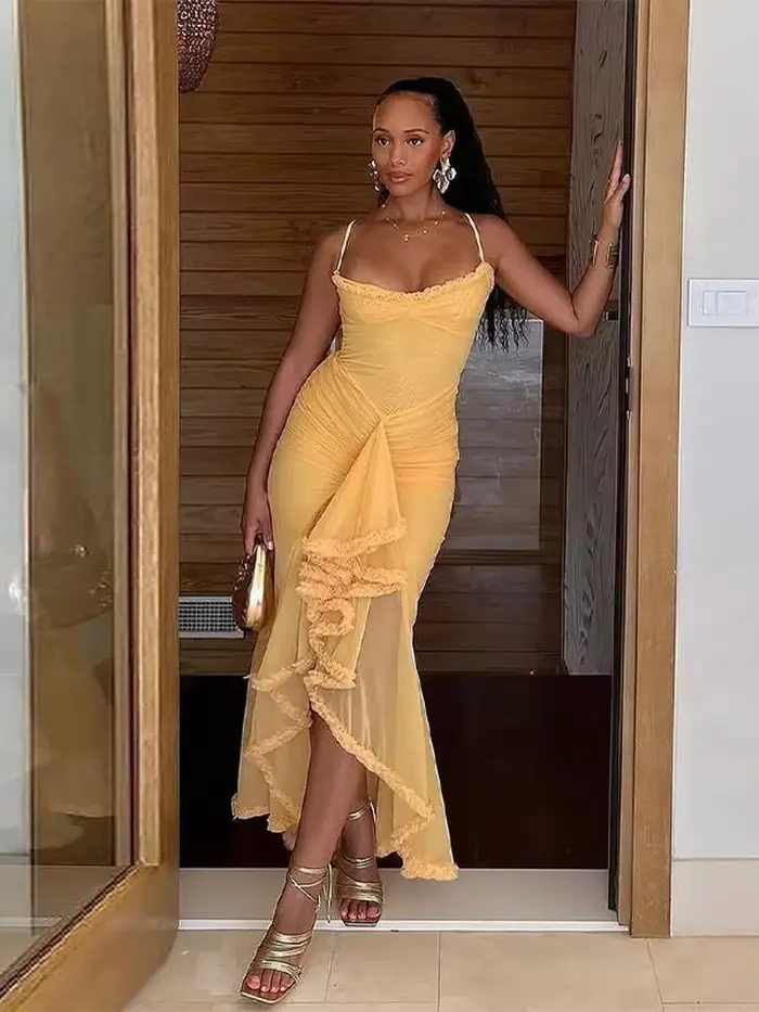 Robe Maxi plissée jaune à volants irréguliers pour femmes, Sexy, sans manches, dos nu, Slim, Robes de soirée élégantes, 2024