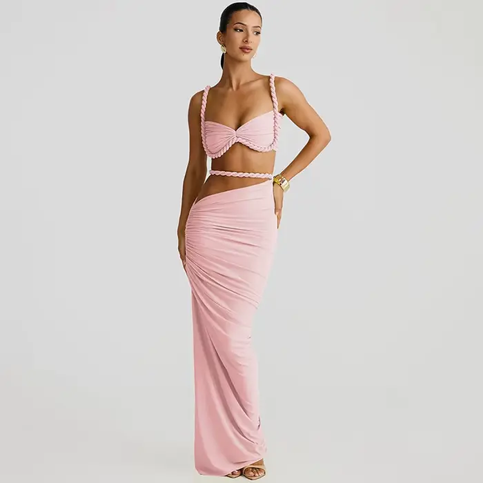Île belle robe Ins fille épicée vent coeur Machine Sexy bord de mer vacances île haute fente portant ensemble deux pièces