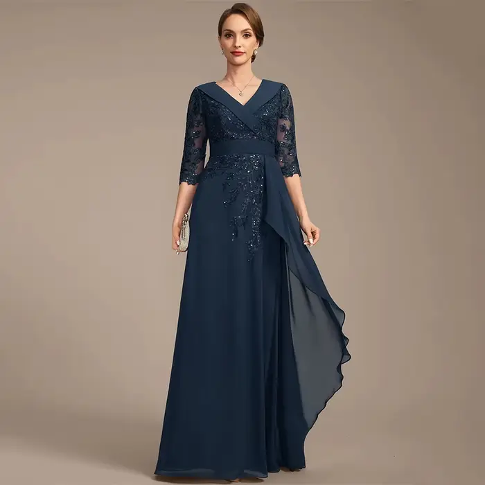 Robe mère de la mariée élégante bleu marine col en V manches trois quarts appliques à paillettes longueur au sol ligne A robe d'invité de mariage en polyester occassion wedding party