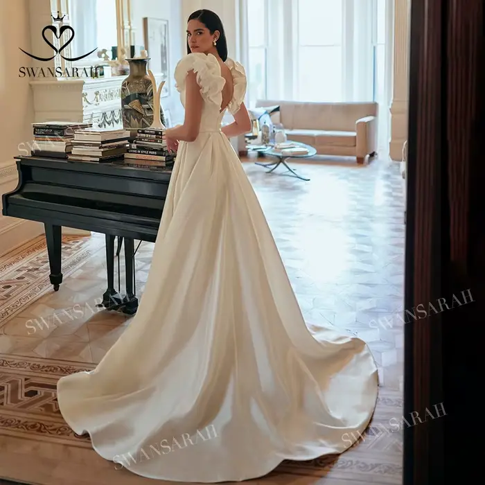 Robe de mariée sans manches SwanSarah, col en V, dos ouvert, coupe trapèze, style princesse, personn