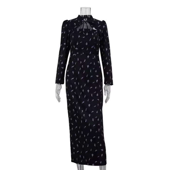 Robe à manches longues pour femmes, automne, bureau français, imprimé, col montant, Corset, fente fi