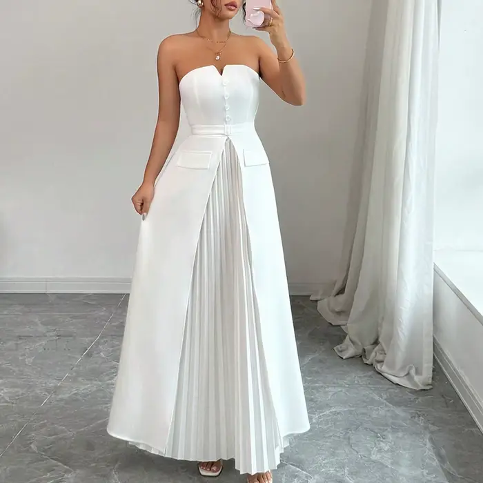 Robe longue blanche sans bretelles pour femme - Robe de soirée élégante à col cœur, taille ceinturée