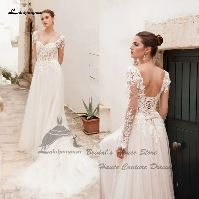 Yanshmigown-Robes de mariée bohème personnalisées, dentelle civile, manches longues, robe de mariée 