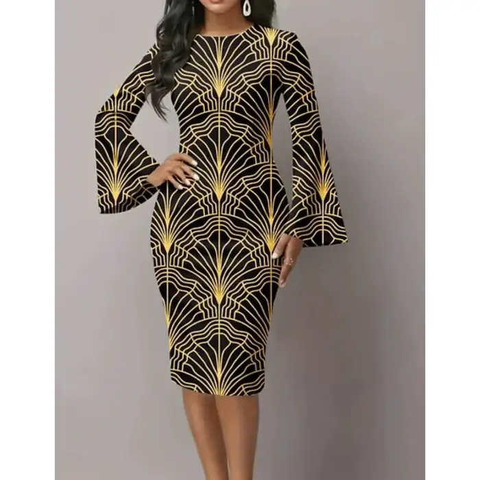 Robe moulante élégante pour femmes, avec manches évasées, Unique, bleu et or, imprimé tourbillon mét