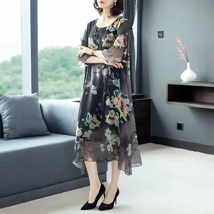 Robe midi grande taille en polyester avec décolleté moderne pour femmes, élégante et confortable pour les mères d'âge moyen, occasiions spéciales et quotidienne