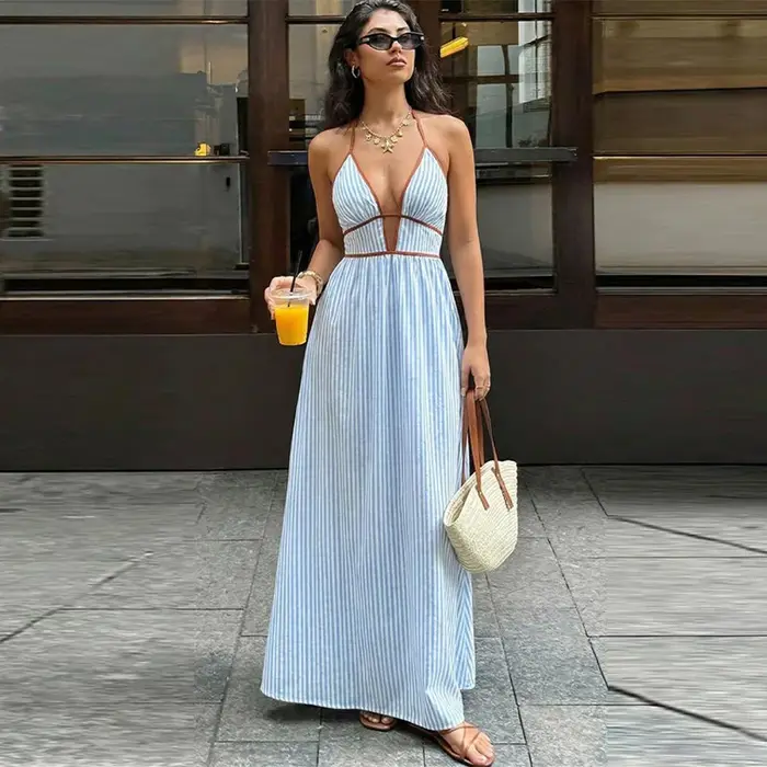 Nouvelle Robe Longue Halter Rayée Bleu et Blanc avec Bordure Marron