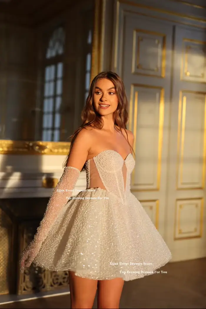 Xijun paillettes robes de mariée courtes chérie sans manches a-ligne robe de bal événement formel Cocktail
