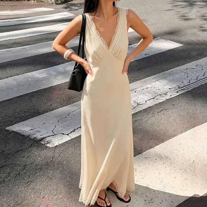 Robe longue élégante en satin et dentelle à col en V pour femme, style chic décontracté, taille haut