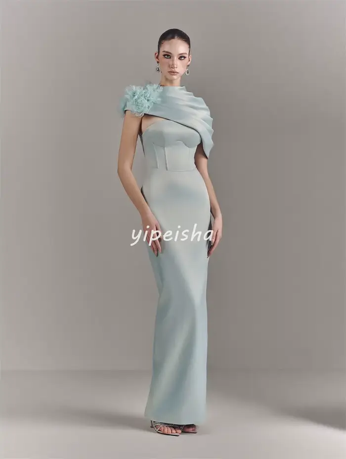 Robes de soirée classiques personnalisées pour femmes en charmeuse, plissées à la main avec fleurs, 