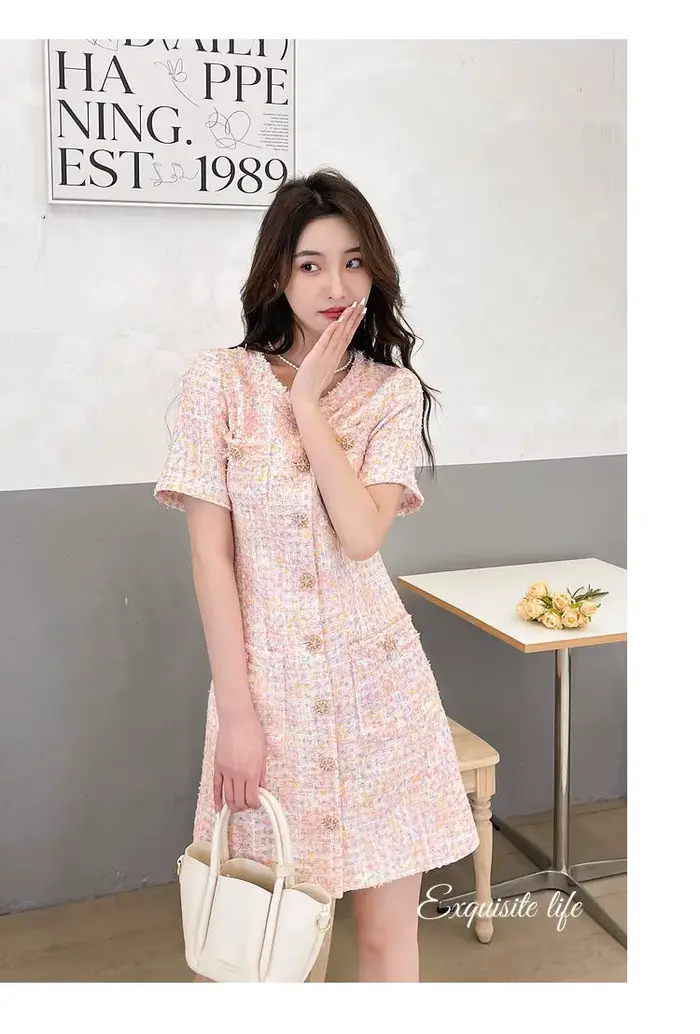 Robe pull en tweed pour femme junior style preppy coupe cintrée rose polyvalente automne printemps été 2025