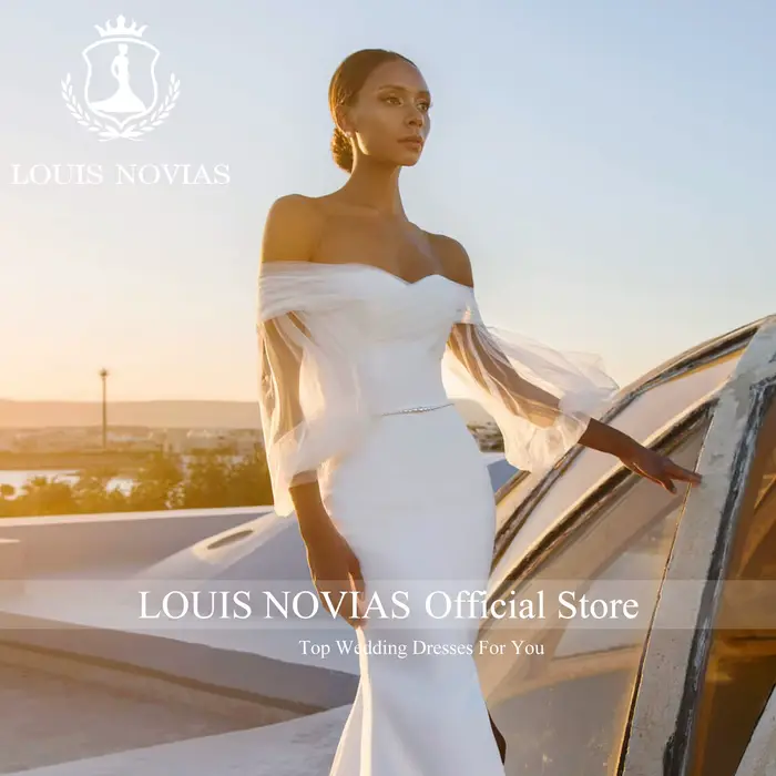 LOUIS NOVIAS sirène Satin robes De mariée pour les femmes manches bouffantes col bateau gaine dos nu robe