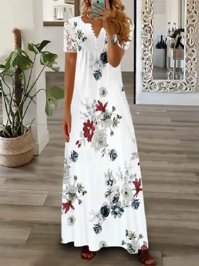 Robes Maxi florales élégantes pour femmes décontracté col en V court