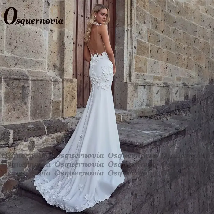 Osquernovia charmante bretelles Spaghetti robes De mariée fleurs 3D trompette dos nu Court Train