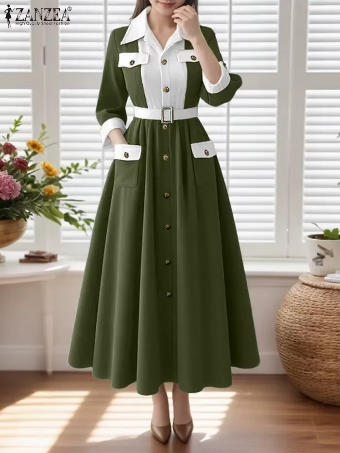 ZANZEA Robe de soirée élégante sans ceinture femmes à manches longues couleur Patchwork Maxi