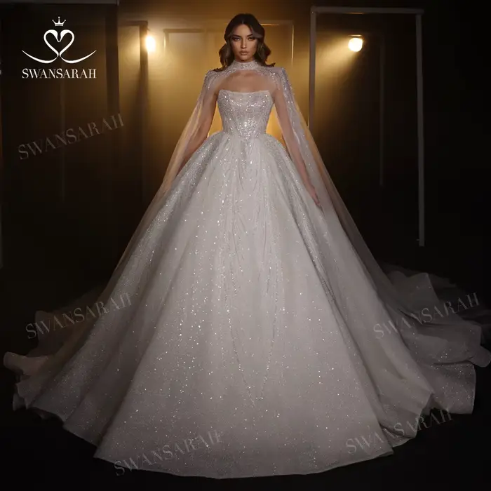 Robe de mariée de luxe perlée, boléro sans manches, robe de bal, traîne courte, style princesse, Swa