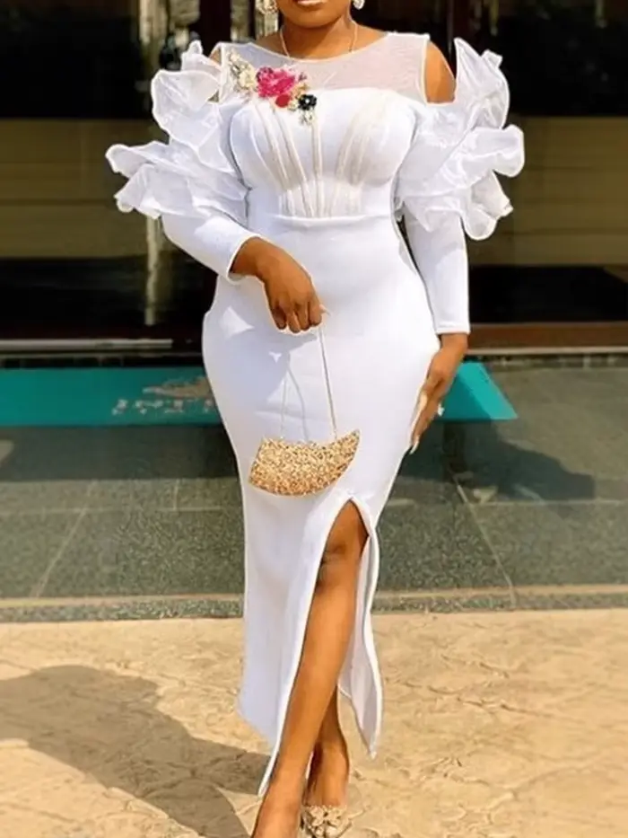 Femmes blanc robe de noël tenue de soirée Sexy longue fente latérale