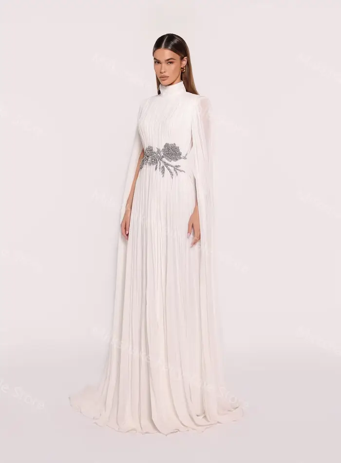 Robe de soirée trapèze blanche arabe vintage col haut avec châles longs en polyester pour femmes occasions spéciales mariage soirée officielle