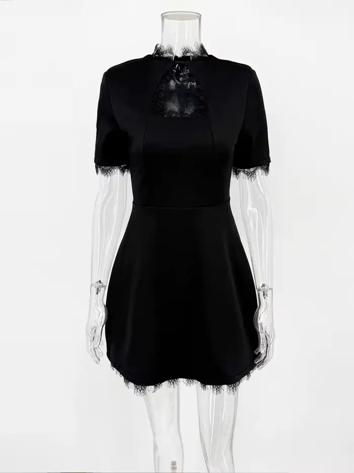 Tossy noir dentelle évider Mini robe femme Patchwork à manches courtes Sexy taille haute robe de soi