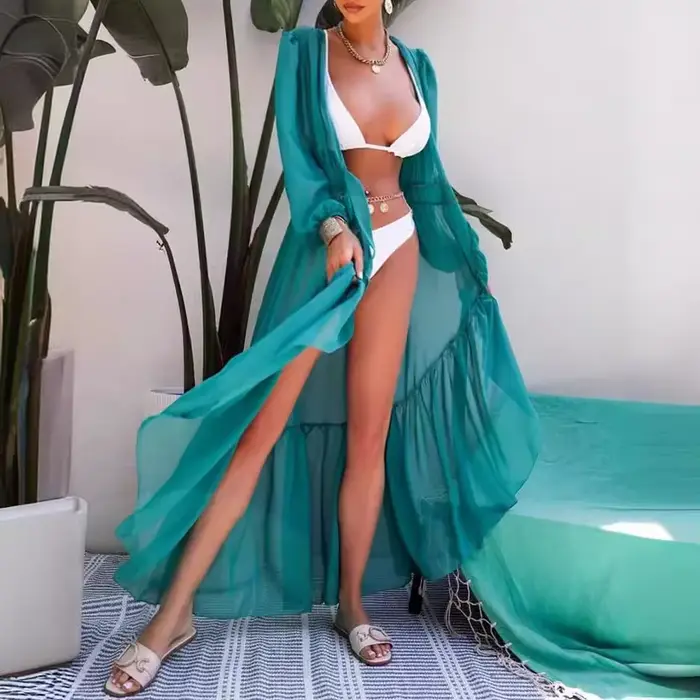 Robe longue en mousseline style européen et américain protection solaire occassions spéciales femmes ```