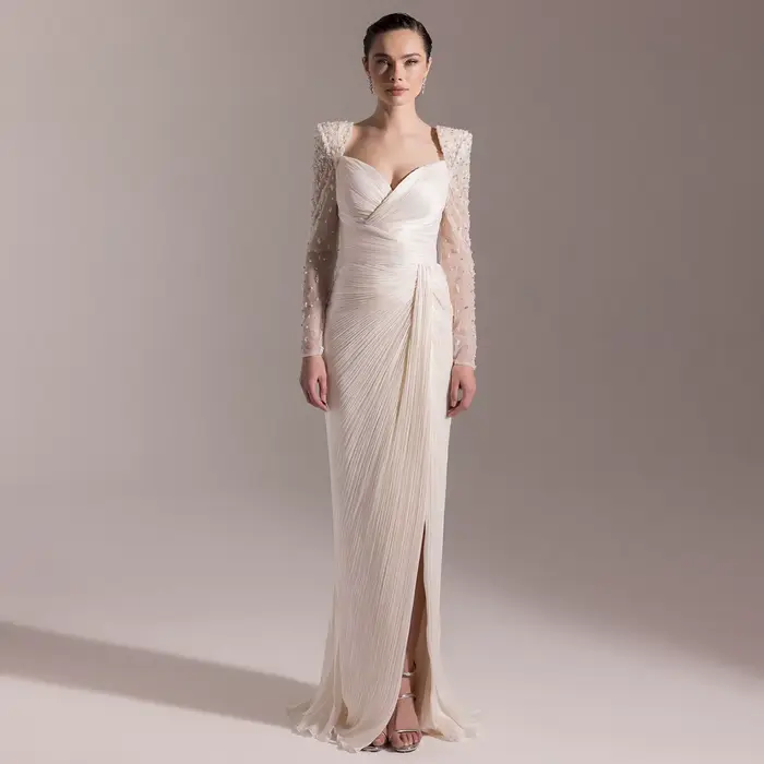 Sharon Said élégant Beige à manches longues robe de soirée plissée perlée haute fente femmes robes d