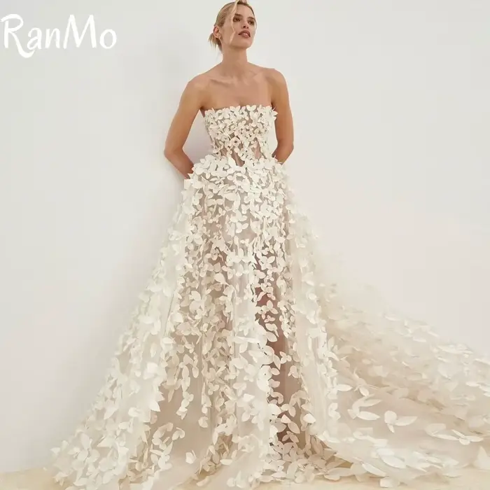 Ranmo élégant une ligne robes de mariée 3D fleur bretelles sans manches dentelle dos nu
