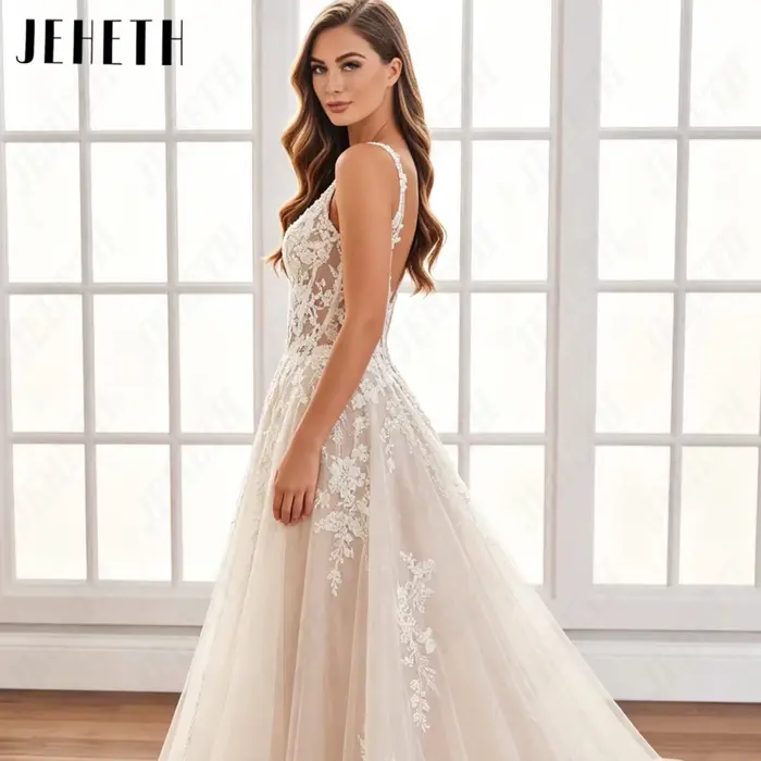 JEHETH Robe Mariée Tulle Pailleté Coupe A Col V Bretelles Fines Appliques Dentelle Florale 3D Corset Transparent Dos Nu Traîne Chapelle Shooting Pièce à Grandes Fenêtres Intérieur Minimaliste Romantiq