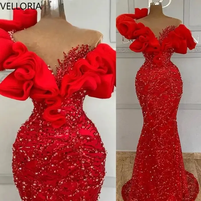 Robe de soirée sirène rouge, tenue de bal perlée, manches à volants, épaules dénudées, Sexy, robe fo