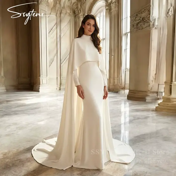 Robes de mariée modestes blanches SSYTENS, châle, manches longues, robe de mariée, Arabie Saoudite, 
