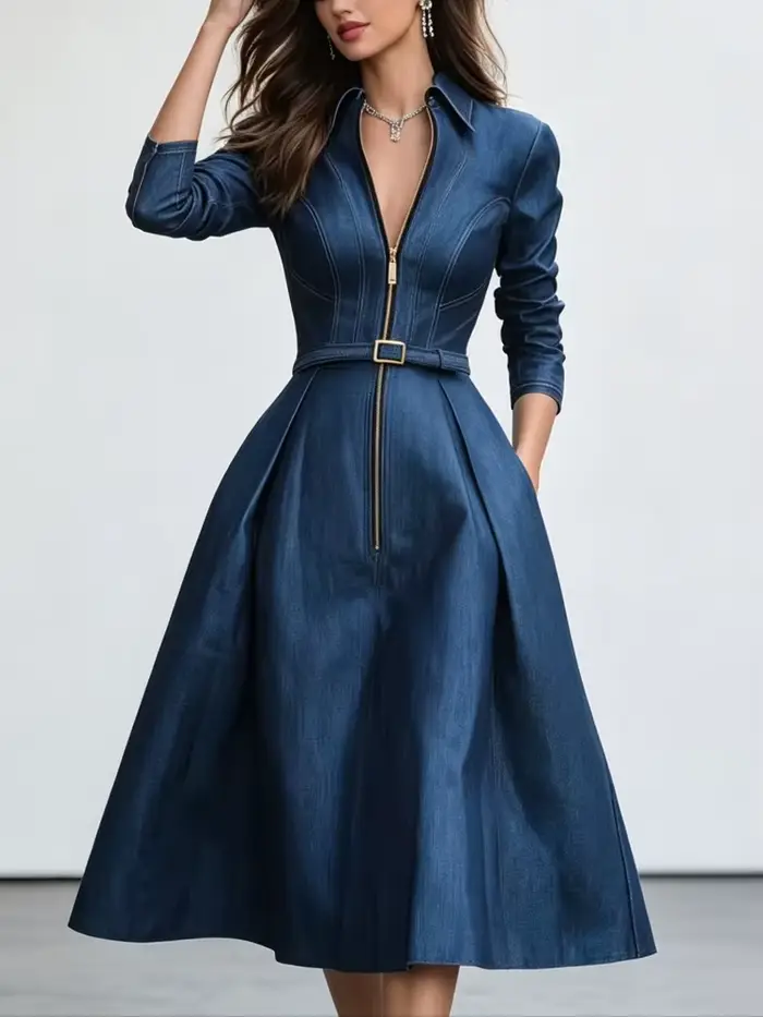 Modigirl femme bleu a-ligne robes 2025 printemps automne nouveau plissé taille haute poches fermeture éclair revers Vint