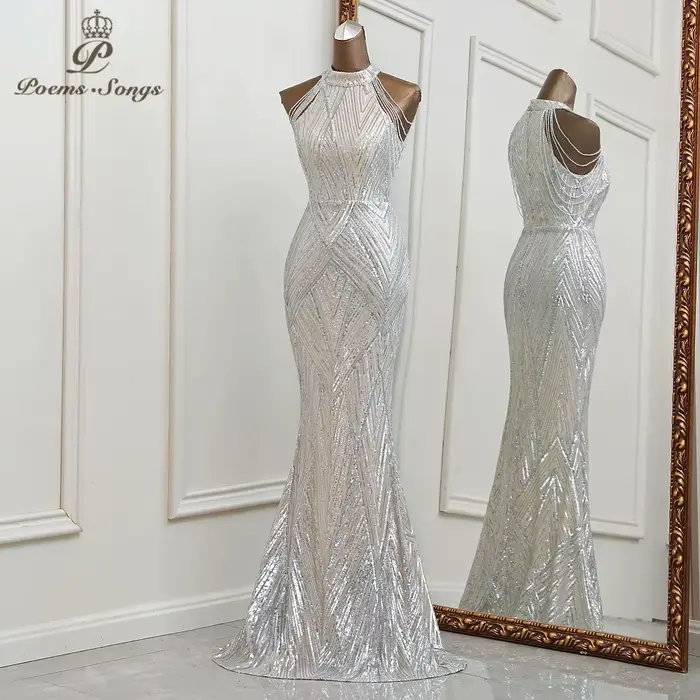 Robe de soirée sirène argentée personnalisée sans manches pour femmes, élégante et sophistiquée pour les soirées officielles et les occasions spéciales