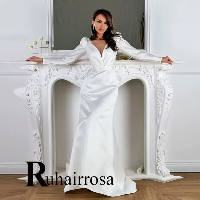 Ruhair Chic robe De mariée pour les femmes col en v sirène manches bouffantes Satin laçage balayage