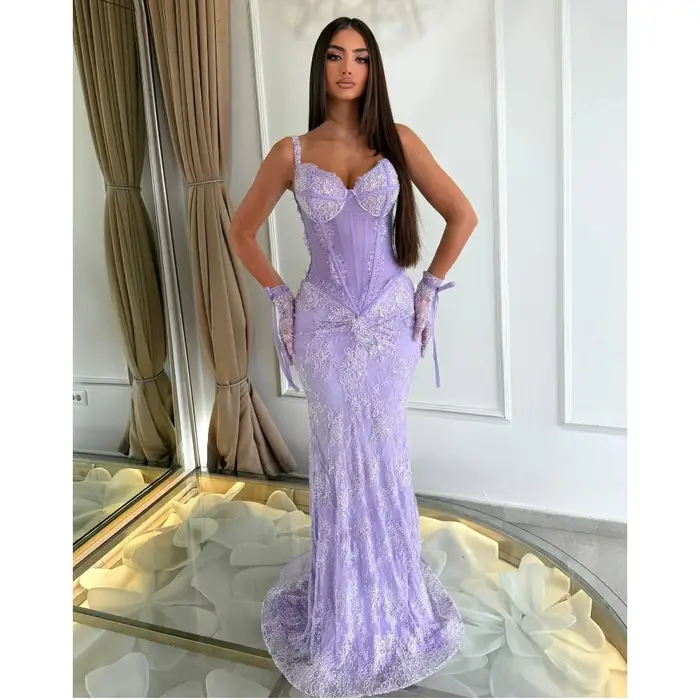 Robes de soirée lavande glamour en dentelle complète sans manches pour femmes, robes de bal longues 