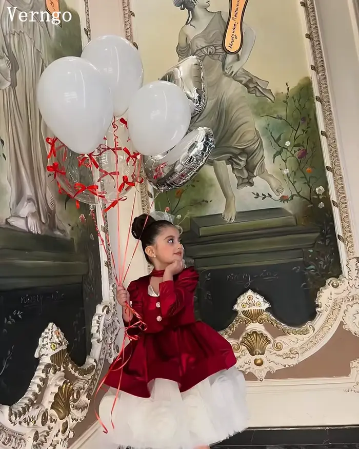 Verngo-Robe Tutu Rouge à Fleurs 3D pour Fille